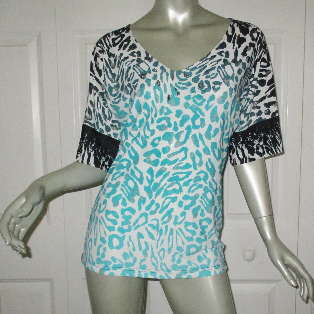 ALBERTO MAKALI Blue/Brown Animal Print Short Sleeve Top